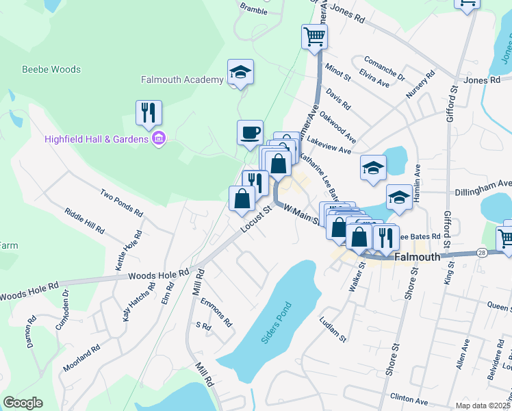 map of restaurants, bars, coffee shops, grocery stores, and more near 29 Locust Street in Falmouth