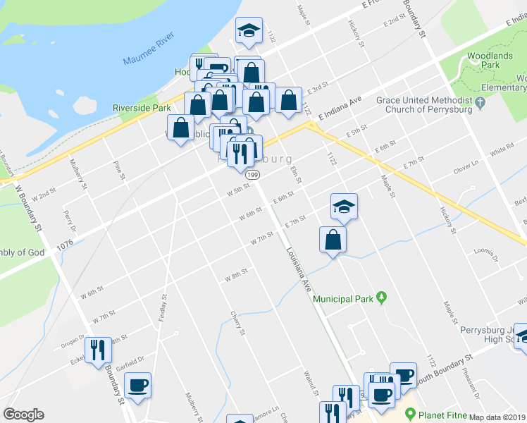 map of restaurants, bars, coffee shops, grocery stores, and more near 600 Louisiana Avenue in Perrysburg