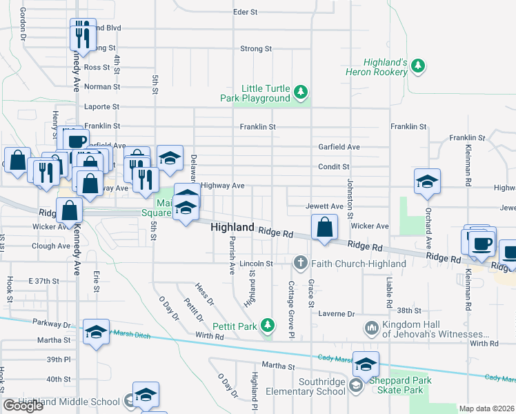 map of restaurants, bars, coffee shops, grocery stores, and more near 8732 Cottage Grove Ave in Highland
