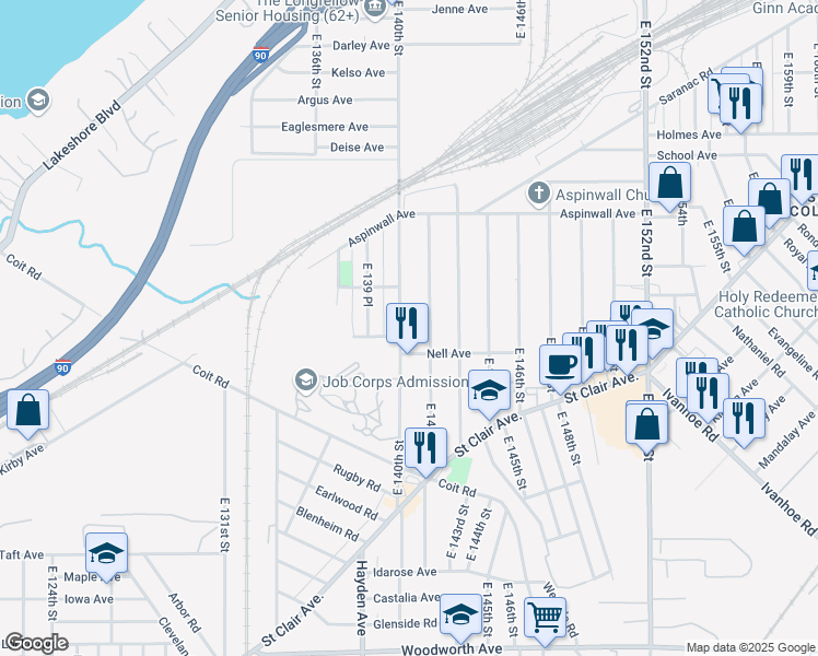 map of restaurants, bars, coffee shops, grocery stores, and more near 913 East 140th Street in Cleveland