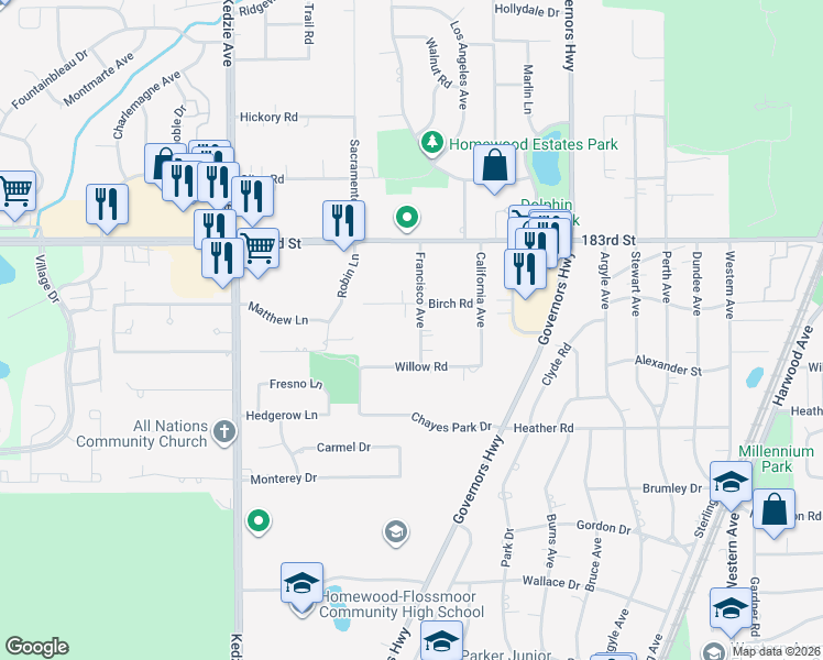 map of restaurants, bars, coffee shops, grocery stores, and more near 18422 Francisco Avenue in Homewood