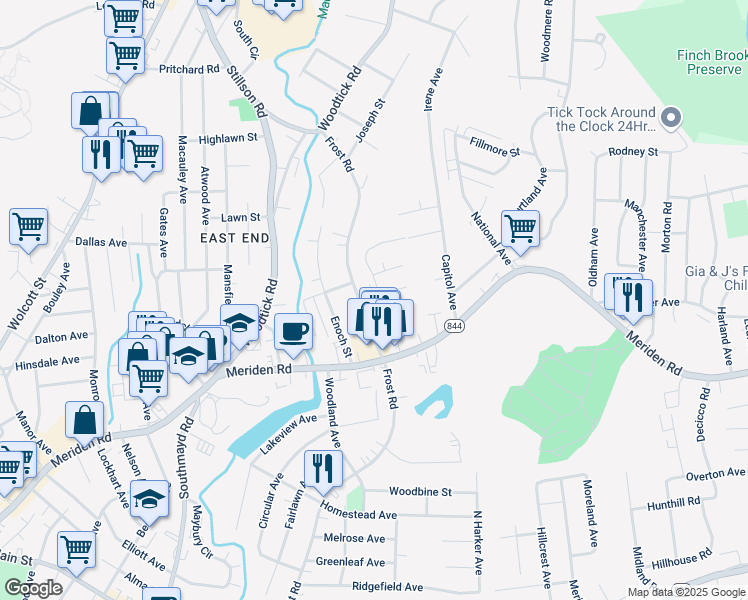 map of restaurants, bars, coffee shops, grocery stores, and more near 22 Munson Avenue in Waterbury