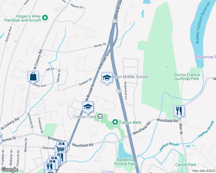 map of restaurants, bars, coffee shops, grocery stores, and more near 1355 North Broad Street in Meriden