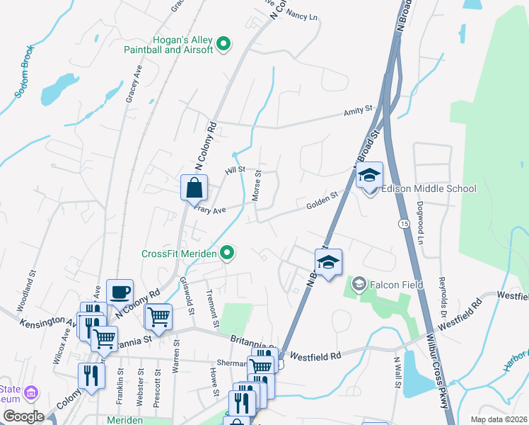 map of restaurants, bars, coffee shops, grocery stores, and more near 145 Golden Street in Meriden