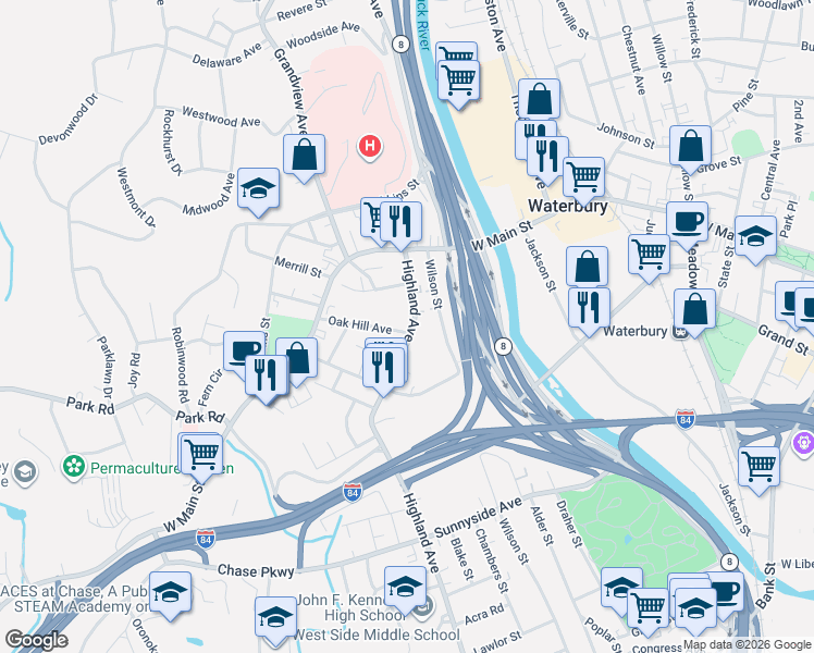map of restaurants, bars, coffee shops, grocery stores, and more near 82 Highland Avenue in Waterbury