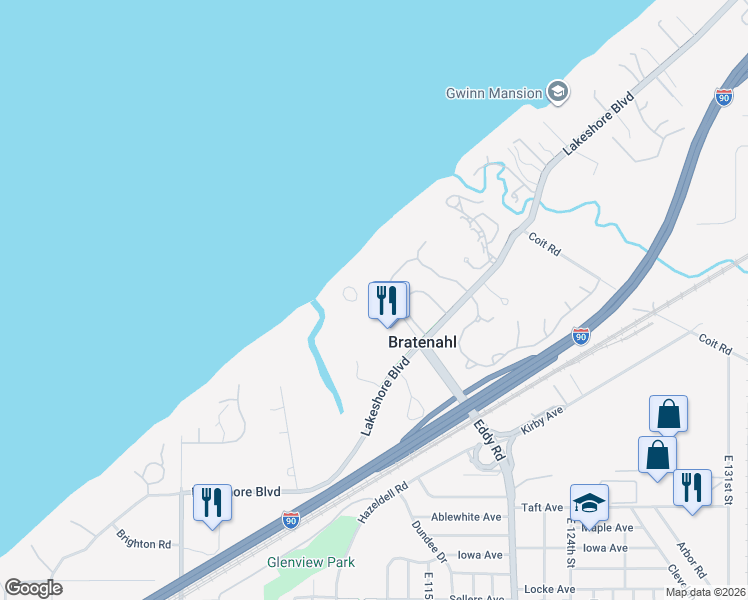 map of restaurants, bars, coffee shops, grocery stores, and more near 1 Bratenahl Place in Cleveland