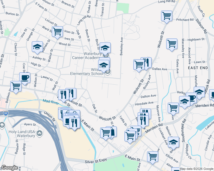 map of restaurants, bars, coffee shops, grocery stores, and more near 8 Ruel Street in Waterbury