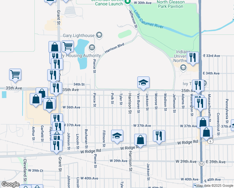 map of restaurants, bars, coffee shops, grocery stores, and more near 917 West 35th Avenue in Gary