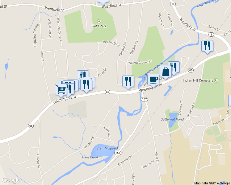 map of restaurants, bars, coffee shops, grocery stores, and more near 733 Washington Street in Middletown