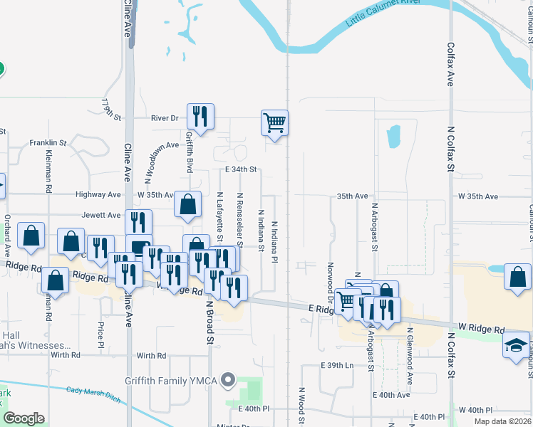 map of restaurants, bars, coffee shops, grocery stores, and more near 1827 North Indiana Street in Griffith