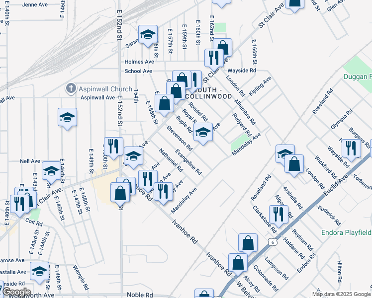 map of restaurants, bars, coffee shops, grocery stores, and more near 945 Evangeline Road in Cleveland