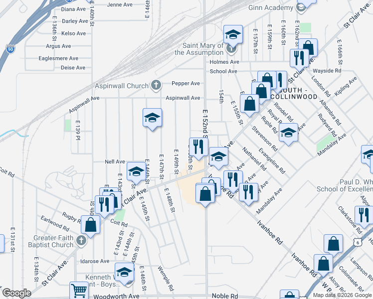 map of restaurants, bars, coffee shops, grocery stores, and more near 915 East 149th Street in Cleveland