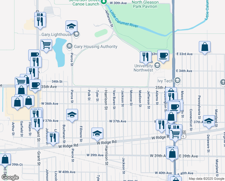 map of restaurants, bars, coffee shops, grocery stores, and more near 3512 Van Buren Street in Gary