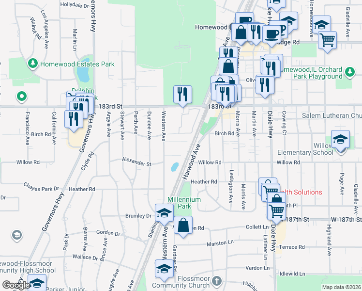 map of restaurants, bars, coffee shops, grocery stores, and more near 2329 Clyde Terrace in Homewood