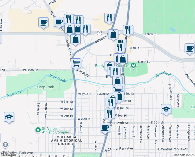 map of restaurants, bars, coffee shops, grocery stores, and more near 105 East 35th Street in Davenport