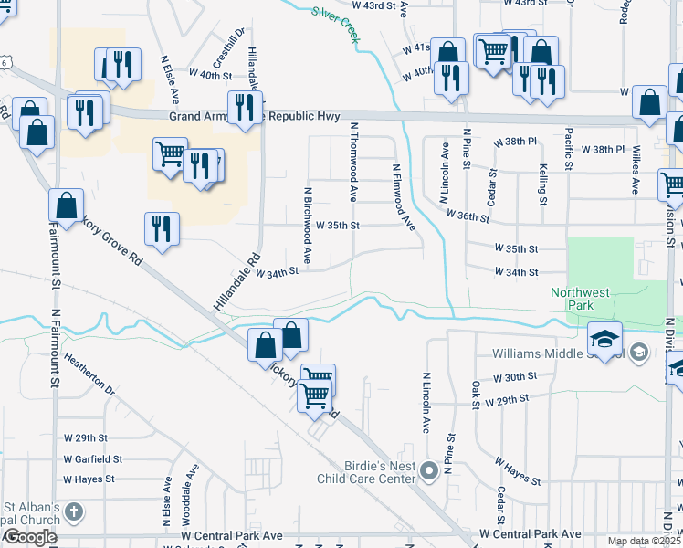 map of restaurants, bars, coffee shops, grocery stores, and more near 2725 West 34th Street in Davenport