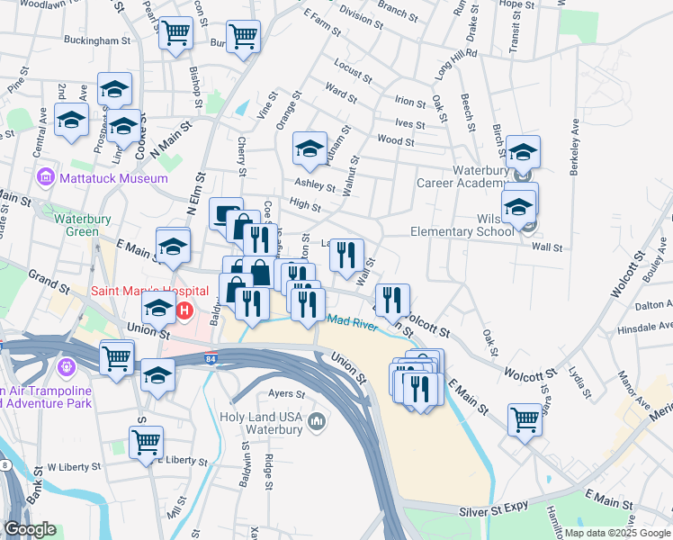 map of restaurants, bars, coffee shops, grocery stores, and more near 26 William Street in Waterbury