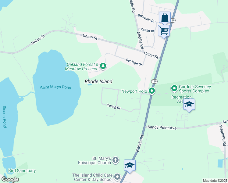 map of restaurants, bars, coffee shops, grocery stores, and more near 136 Oakland Farm Rd in Portsmouth