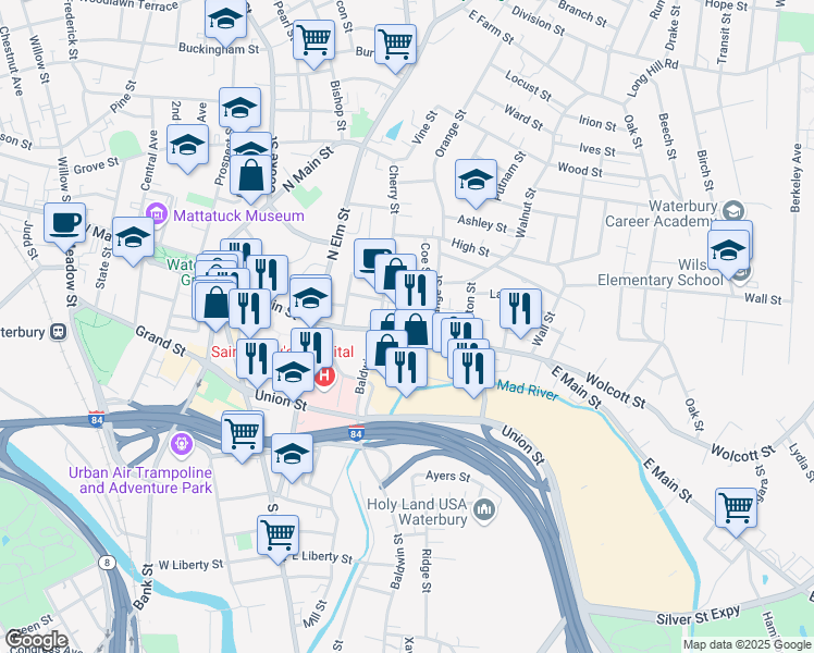 map of restaurants, bars, coffee shops, grocery stores, and more near 421 East Main Street in Waterbury