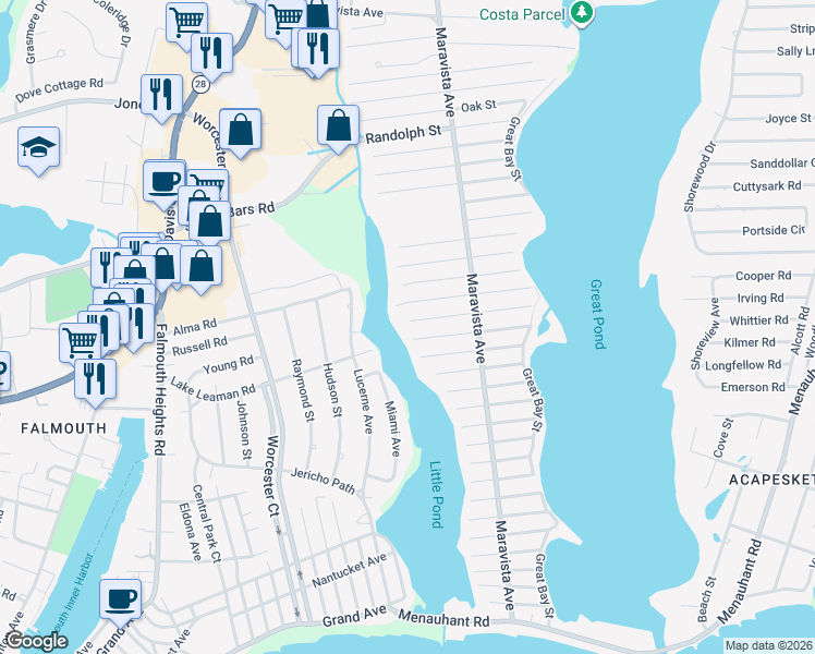 map of restaurants, bars, coffee shops, grocery stores, and more near 6 Narragansett Street in Falmouth