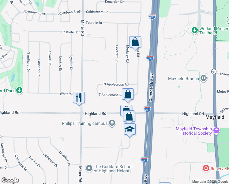 map of restaurants, bars, coffee shops, grocery stores, and more near 6261 South Applecross Road in Highland Heights