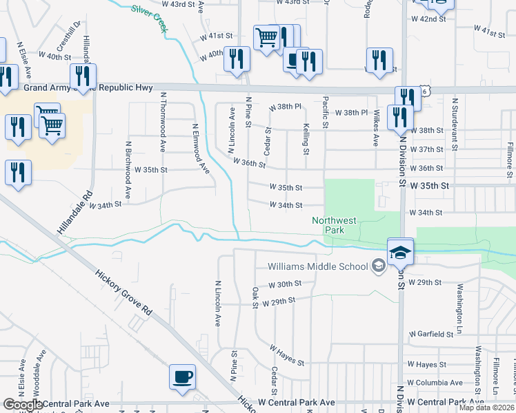 map of restaurants, bars, coffee shops, grocery stores, and more near 2163 West 34th Street in Davenport