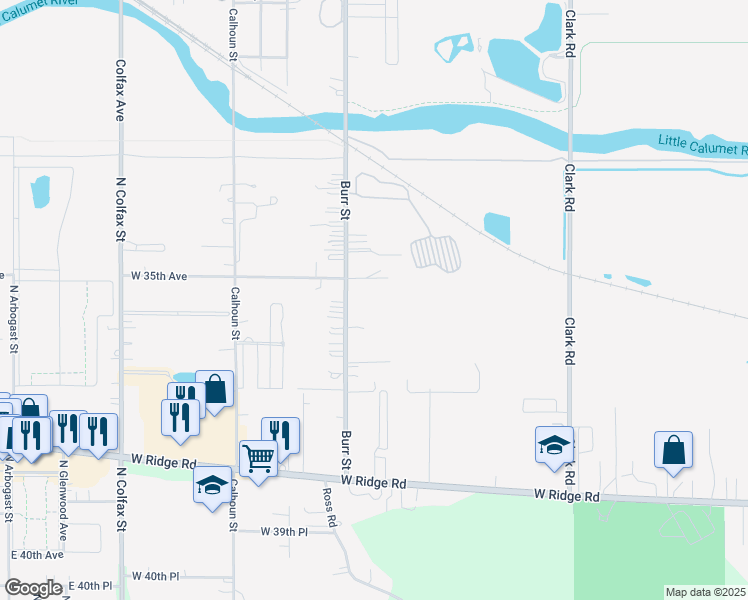 map of restaurants, bars, coffee shops, grocery stores, and more near 3541 Burr Street in Gary