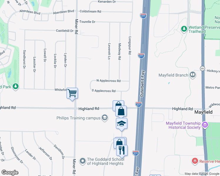 map of restaurants, bars, coffee shops, grocery stores, and more near 6261 South Applecross Road in Highland Heights