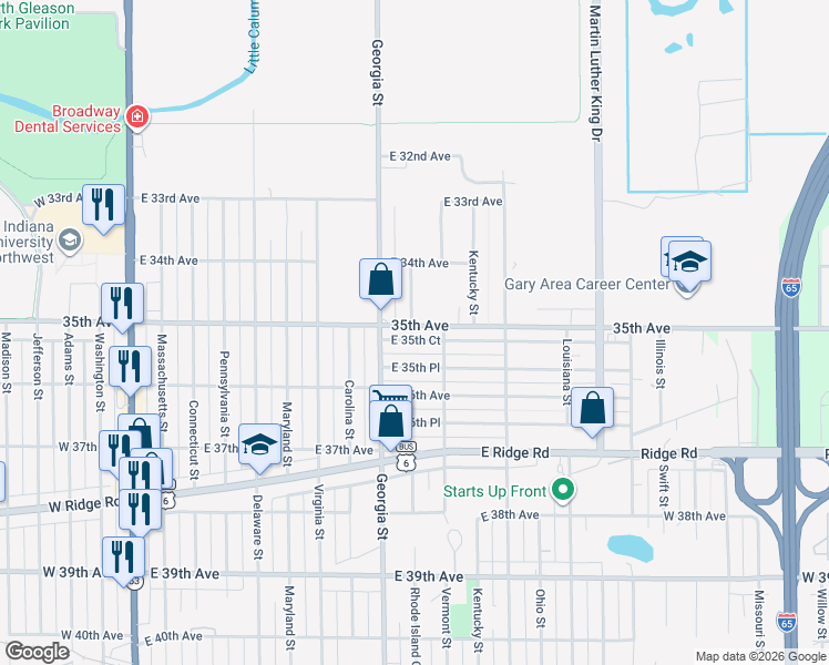 map of restaurants, bars, coffee shops, grocery stores, and more near 850 East 35th Court in Gary