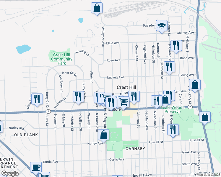 map of restaurants, bars, coffee shops, grocery stores, and more near 1705 Kelly Avenue in Crest Hill