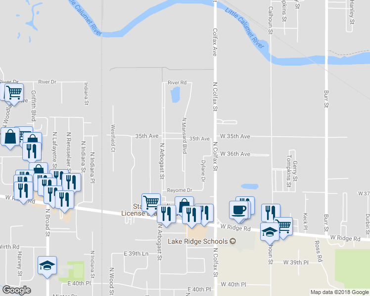 map of restaurants, bars, coffee shops, grocery stores, and more near 1845 North Mansard Boulevard in Griffith
