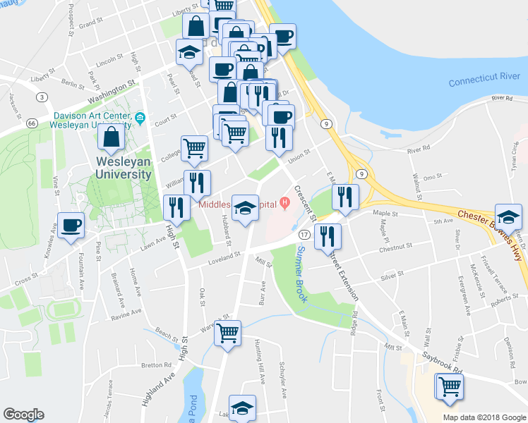 map of restaurants, bars, coffee shops, grocery stores, and more near 8 Crescent Street in Middletown