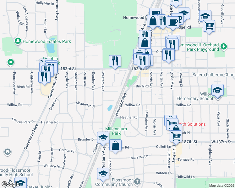 map of restaurants, bars, coffee shops, grocery stores, and more near 2329 Clyde Terrace in Homewood