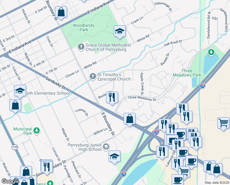 map of restaurants, bars, coffee shops, grocery stores, and more near 885 Bexley Drive in Perrysburg