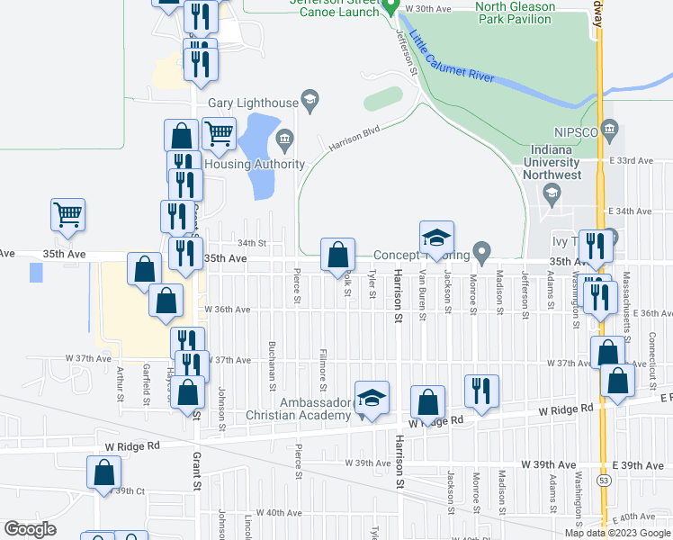 map of restaurants, bars, coffee shops, grocery stores, and more near 1015 West 35th Avenue in Gary