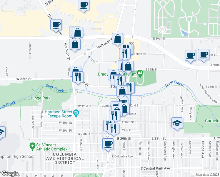 map of restaurants, bars, coffee shops, grocery stores, and more near 207 East 35th Street in Davenport