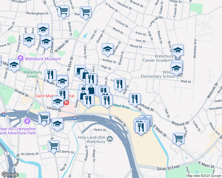 map of restaurants, bars, coffee shops, grocery stores, and more near 10 Kenyon Street in Waterbury
