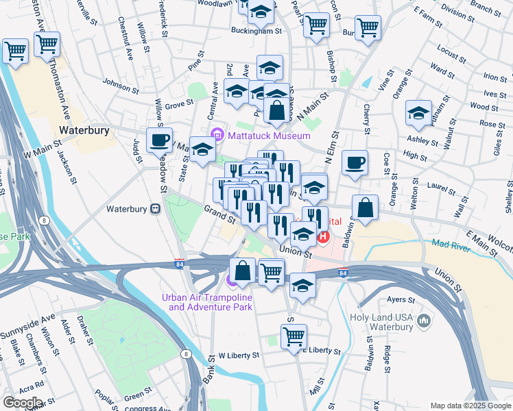 map of restaurants, bars, coffee shops, grocery stores, and more near 96 Bank Street in Waterbury