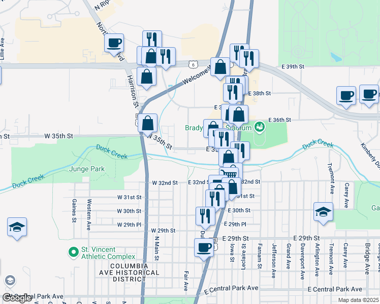 map of restaurants, bars, coffee shops, grocery stores, and more near 105 East 35th Street in Davenport
