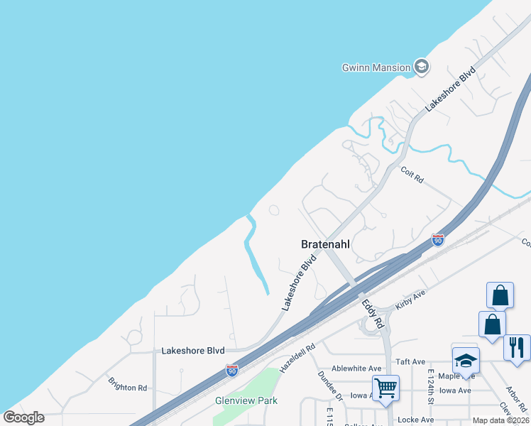 map of restaurants, bars, coffee shops, grocery stores, and more near 2 Bratenahl Place in Cleveland