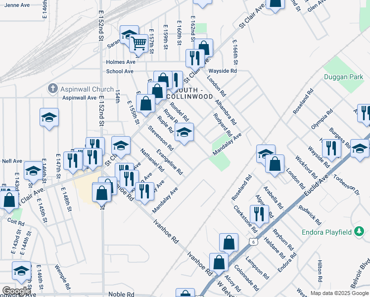 map of restaurants, bars, coffee shops, grocery stores, and more near 15720 Kipling Avenue in Cleveland