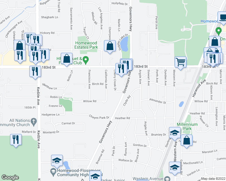 map of restaurants, bars, coffee shops, grocery stores, and more near 18429 California Avenue in Homewood