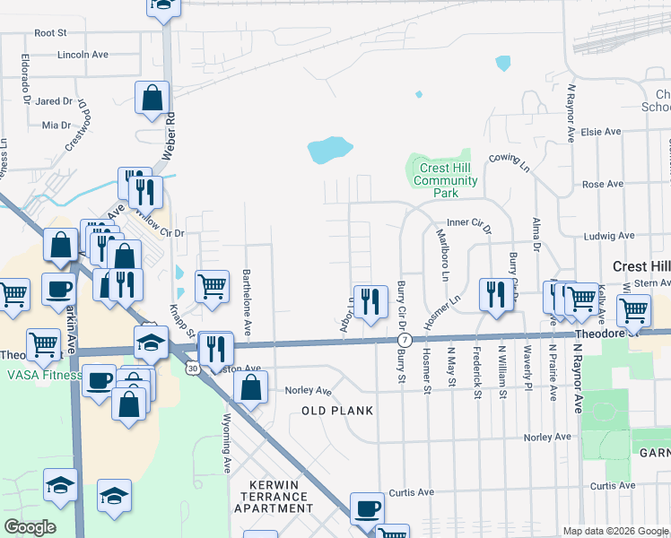 map of restaurants, bars, coffee shops, grocery stores, and more near 1715 Arbor Lane in Crest Hill