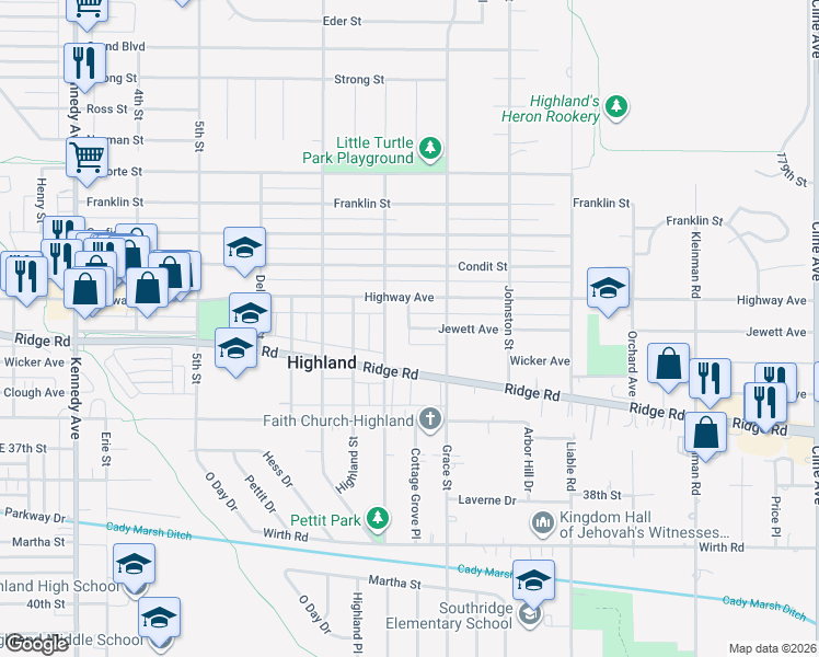 map of restaurants, bars, coffee shops, grocery stores, and more near 8723 Park Drive in Highland