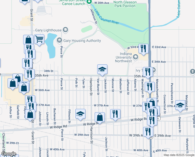 map of restaurants, bars, coffee shops, grocery stores, and more near 3512 Van Buren Street in Gary