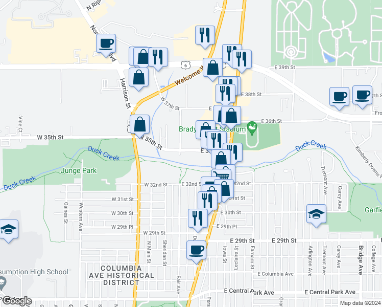 map of restaurants, bars, coffee shops, grocery stores, and more near 123 East 35th Street in Davenport