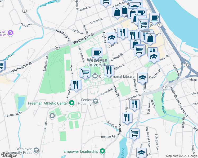 map of restaurants, bars, coffee shops, grocery stores, and more near 238 Church Street in Middletown