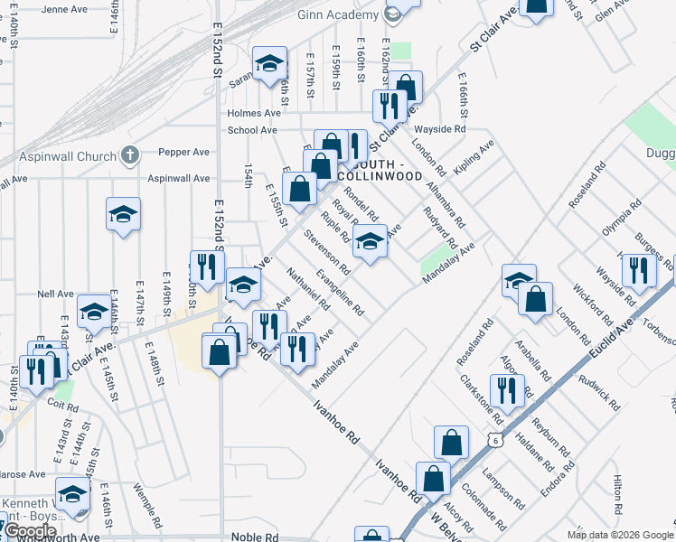 map of restaurants, bars, coffee shops, grocery stores, and more near 945 Evangeline Road in Cleveland
