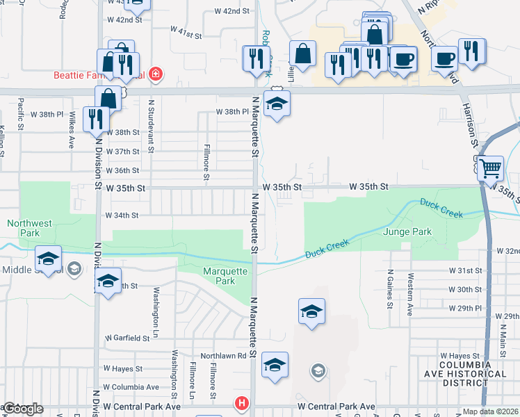 map of restaurants, bars, coffee shops, grocery stores, and more near 3409 North Marquette Street in Davenport