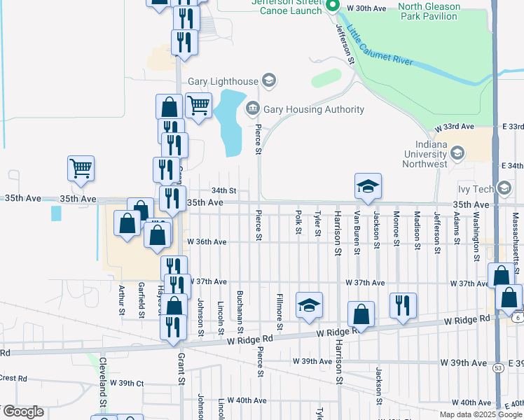 map of restaurants, bars, coffee shops, grocery stores, and more near 3501 Pierce Street in Gary